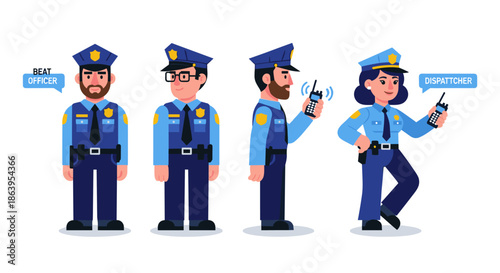 A diverse group of police officers, both male and female, are depicted in various poses, showcasing their professional uniforms and communication devices.