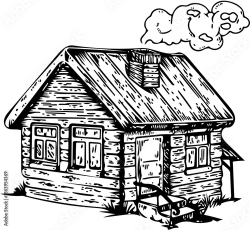 A black and white illustration of a log cabin with smoke rising from the chimney