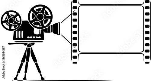 Vintage camera on tripod capturing cinematic moments on film reel