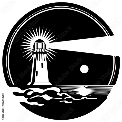 Lighthouse Standing Tall Amidst Waves Under Night Sky with Moon and Radiant Beam