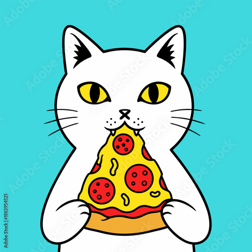 Charming vector illustration of a happy white cat eagerly eating a savory slice of pizza, combining beloved animal characteristics with delicious fast food
