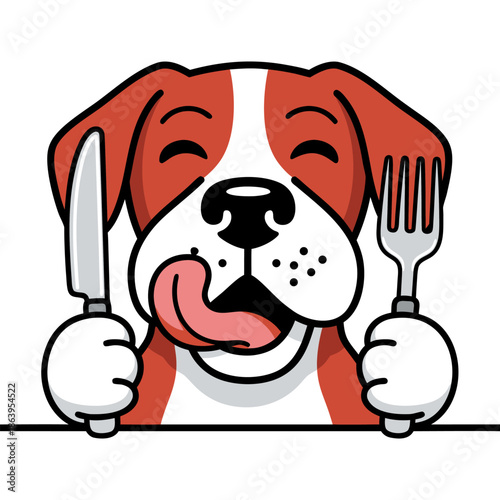 A vibrant vector illustration of a cheerful, hungry cartoon dog, eagerly anticipating a delicious meal while holding a fork and knife