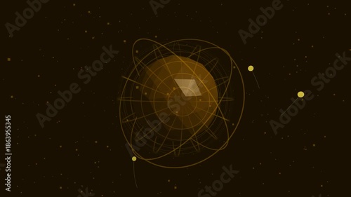 Abstract golden sphere with orbiting rings and stars, representing cosmic energy and innovation.