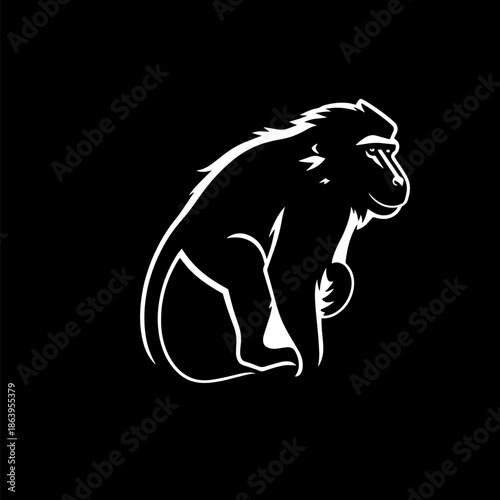 Simple illustration of a primate monkey sitting down in a black and white vector design