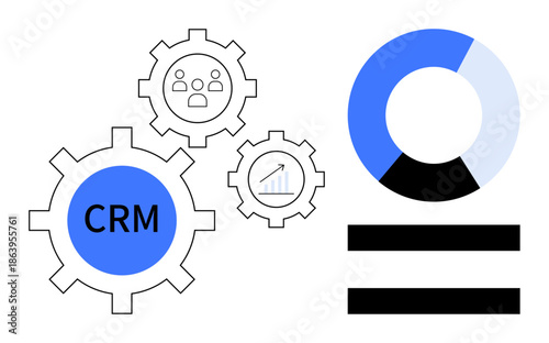 Gears labeled CRM, user icon, rising graph, pie chart, and parallel bars suggest data management, growth, and teamwork. Ideal for business, strategy productivity organization planning technology