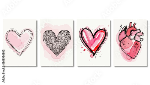 Two hand- drawn artistic heart shapes on vertical canvas frames