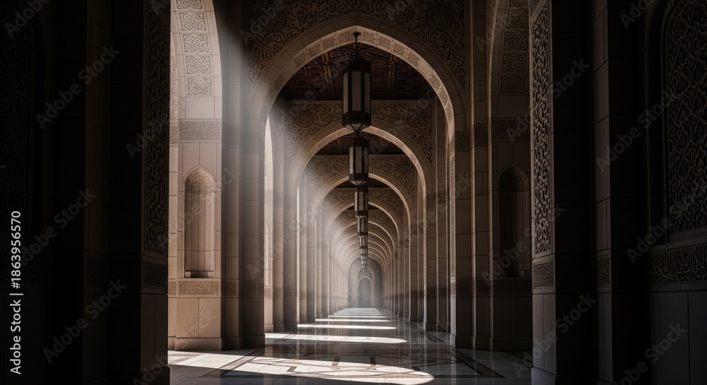 Obraz premium Long interior corridor, arched ceilings, sunlight streams, intricate carvings, perspective view