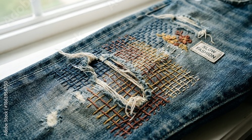 Closeup of distressed denim jeans with visible repair patches and stitching.