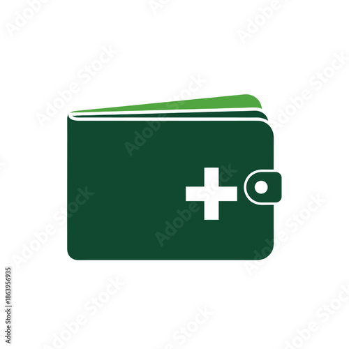 A green wallet with a white plus sign on it, symbolizing financial health or medical expenses.