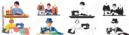 Tailors working at sewing machines in various styles