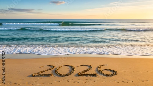 2026 written on the sand at the beach