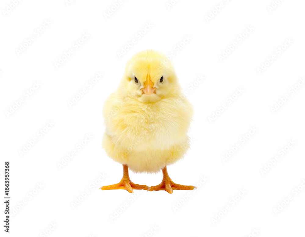 Fototapeta premium A fluffy, yellow, baby bird stands facing the camera with a serious expression