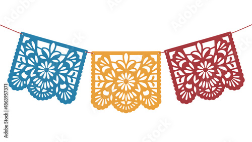 Mexican Papel Picado Banner with Blue Orange and Red Panels