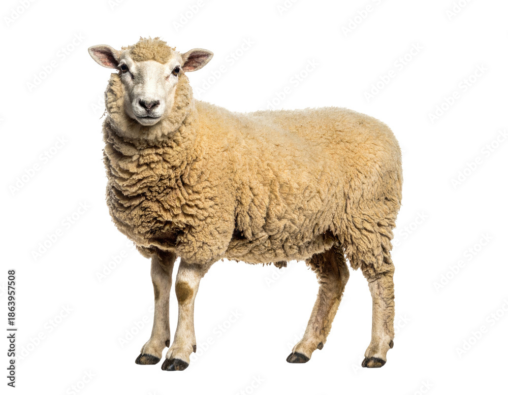 Fototapeta premium A fluffy, beige sheep stands with a calm expression, its wool contrasting against a dark background