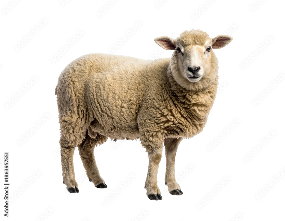 Fototapeta premium A full-body shot of a sheep with beige wool, standing against a transparent background