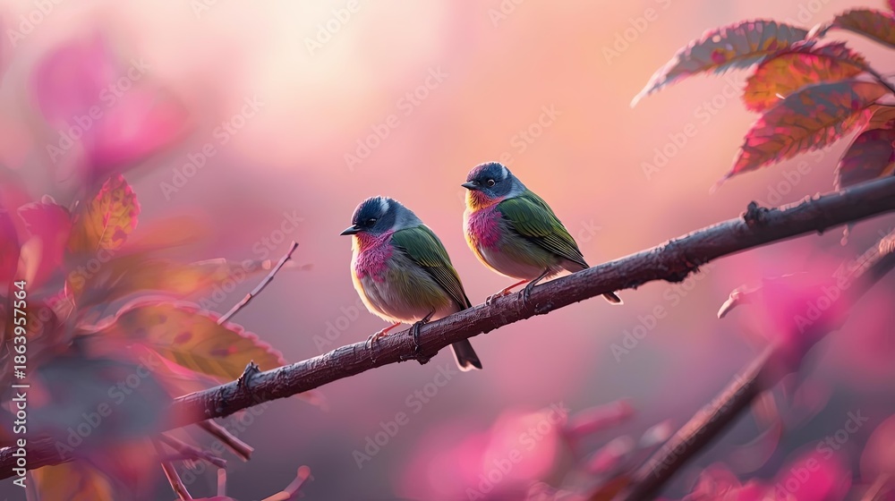 Obraz premium Poetic Birds on Golden-Pink Branch