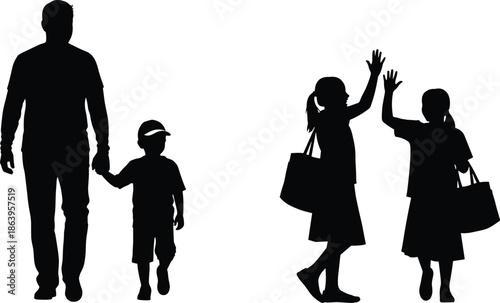 Family silhouette parents and children high five walking together after school, parenting lifestyle bonding isolated white background illustration concept design