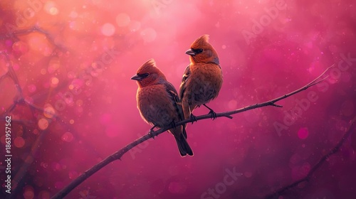 Poetic Birds on Golden-Pink Branch