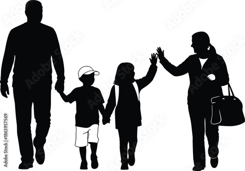 Family silhouette walking together, parents children high five after school bonding, isolated on white background parenting lifestyle illustration concept design