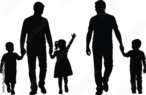 Fathers and children silhouettes walking together, family parenting bond concept, fatherhood love, happy kids lifestyle illustration isolated white background