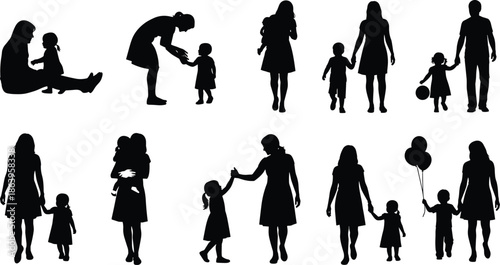 Mother and child silhouettes collection showing parenting moments family bonding motherhood love childcare vector illustration isolated white background