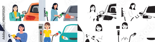 Woman fueling car at gas station with various nozzles