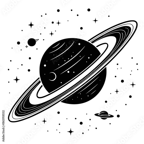 A black and white illustration of a planet with rings in space
