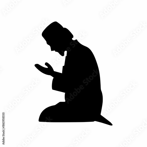 Silhouette of a Muslim man praying, symbolizing faith, devotion, and spiritual worship during Ramadan, Eid al-Fitr, and Eid al-Adha, isolated on white background.