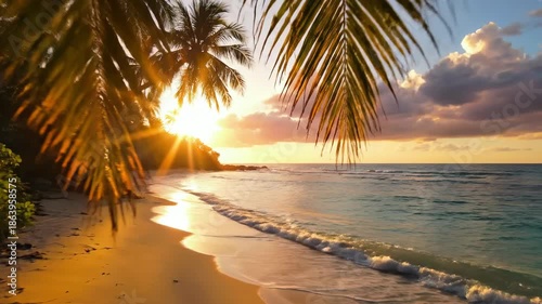 Golden Hour Serenity: A sun-kissed beach scene where palm fronds frame a breathtaking view of the sea as the sun dips below the horizon, casting a warm glow over the tranquil ocean.