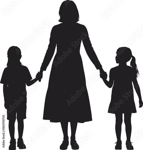 Mother silhouette holding hands with two children family concept parenting love protection together isolated on white background minimal vector illustration