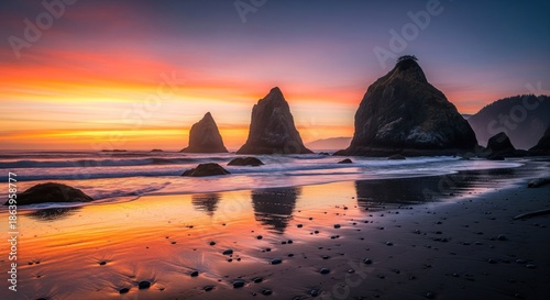 Rocky coastal sea stacks at dawn reflect fiery sky. Beach scene at sunrise