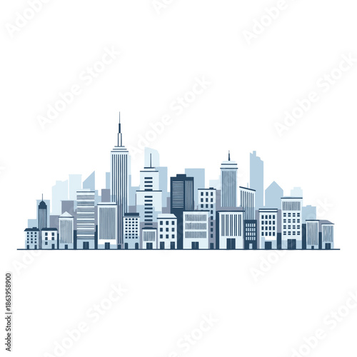 Modern City Skyline with Tall Buildings in Shades of Blue and White