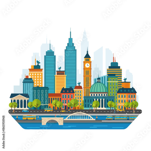 Vibrant Cityscape Illustration with Iconic Buildings, River, and Transportation