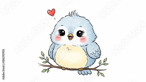 Cute cartoon baby bird sitting on a branch with a heart above.
