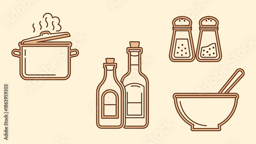 Collection of kitchen cooking icons including a pot, oil and vinegar bottles, salt and pepper shakers, and a bowl with a spoon
