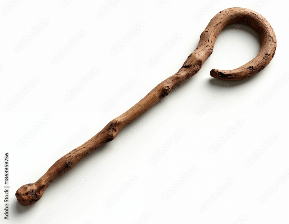 Obraz premium Wooden shepherds staff isolated on white background. Rustic curved crook tool symbolizes guidance, faith, pastor care, protection. Religious symbol of leadership and shepherd.
