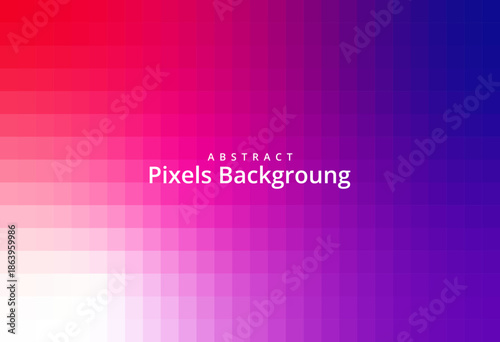 Vibrant abstract background featuring a grid pattern of colorful square pixels transitioning smoothly from bright red through magenta to deep violet blue.