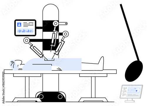 Healthcare, robotic surgery, medical technology, innovation, patient monitoring, surgical operations. Robotic arms operate on a patient with vital signs monitored on a screen. Healthcare and robotic