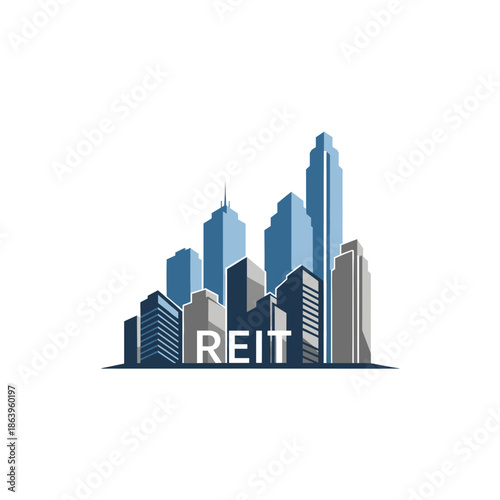 A stylized cityscape with blue and grey buildings, featuring the acronym "REIT" on a central structure, representing real estate investment.