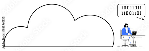 Cloud computing concept. Cloud illustration with a programmer coding. Cloud computing supports data management and software solutions. Ideal for technology, IT support, web development, future