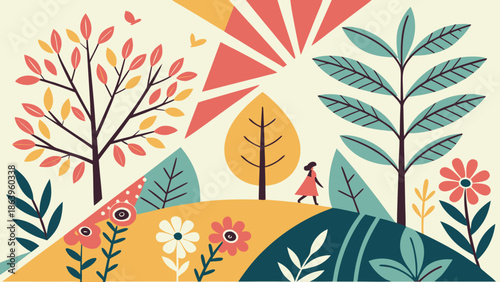 Person walking on hill with colorful trees flowers and sunburst background in vibrant landscape