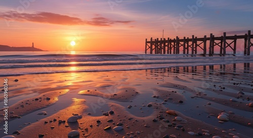 Sunset over a sandy beach with a weathered pier; vibrant colors reflect