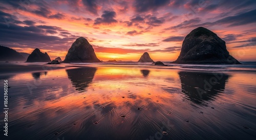 Sunset over beach with rock formations, vibrant colors reflecting on wet sand