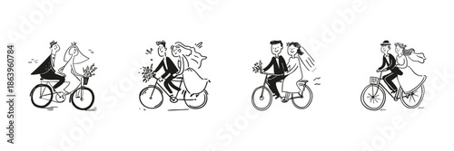 Bride And Groom On Bicycles Set In Doodle Style. Romantic Wedding Journey And Celebration Sketch Collection. Whimsical Love And Adventure Theme. Hand Drawn Isolated Vector Illustration