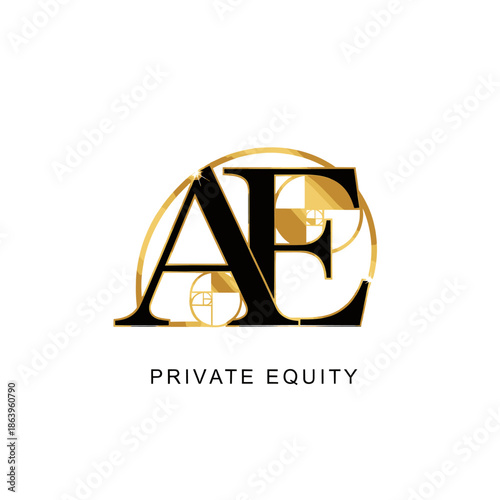 Elegant logo for AE Private Equity featuring intertwined letters A and E within a golden Fibonacci spiral.