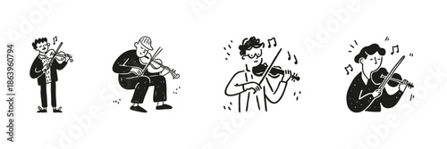 Musicians Playing Violin Set In Doodle Style. Musical Performance, Artistic Expression, And Classical Music Enthusiasts Sketch Collection. Hand Drawn Isolated Vector Illustration