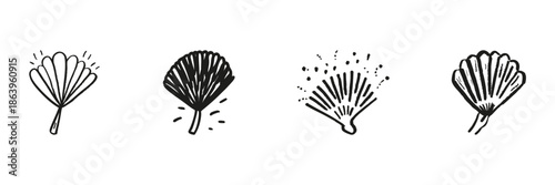 Handheld Fan Icons Set In Doodle Style. Cooling, Air Circulation, And Traditional Accessory Sketch Collection. Summer Comfort And Style. Hand Drawn Isolated Vector Illustration