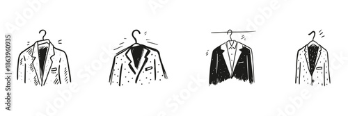 Men Suit Jackets On Hangers Set In Doodle Style. Fashion, Formal Wear, And Wardrobe Organization Sketch Collection. Hand Drawn Isolated Vector Illustration