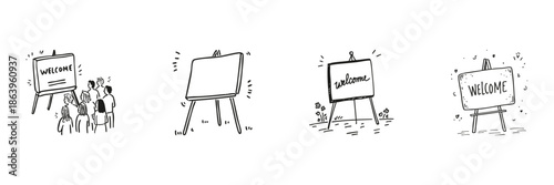 Welcome Signboards Set In Doodle Style. Hospitality And Event Greeting Sketch Collection. Hand Drawn Isolated Vector Illustration