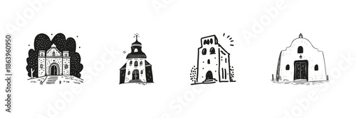 Historic Church Architecture Set In Doodle Style. Religious Heritage And Cultural Landmark Sketch Collection. Hand Drawn Isolated Vector Illustration